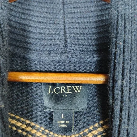 J.Crew Cardigan Sweater Mens Large Navy Beaige Fair Isle Wool Blend Button Front - Picture 3 of 11